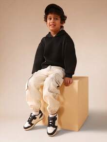 SUMWON Boys Ribbed Cuff Cargo Pants With Large Side Pockets And Drawstring Waist For Casual Everyday Wear Vacation - Khaki - View 7