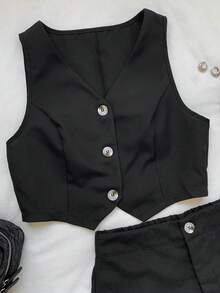 SHEIN EZwear Ladies' Solid Casual Button Front Waistcoat And Shorts Suit Set In Fall/Winter - Black - View 4