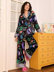 Chillnights Conjunto de pijama de satén para mujer con estampado floral y de plantas en contraste de color - Multicolor - Ver 4