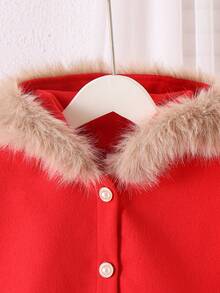 Genkimix Kids 女童时尚可爱蓬松连帽休闲秋冬斗篷外套，米色 - 紅色 - 查看 4