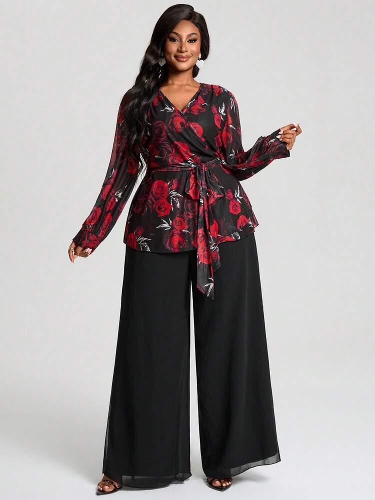 Plus Size Women Floral Print Twist Front Top And Wide Leg Pants Elegant 2 Pieces Set/Valentine's Day,Flower/Summer/Spring/Vacation