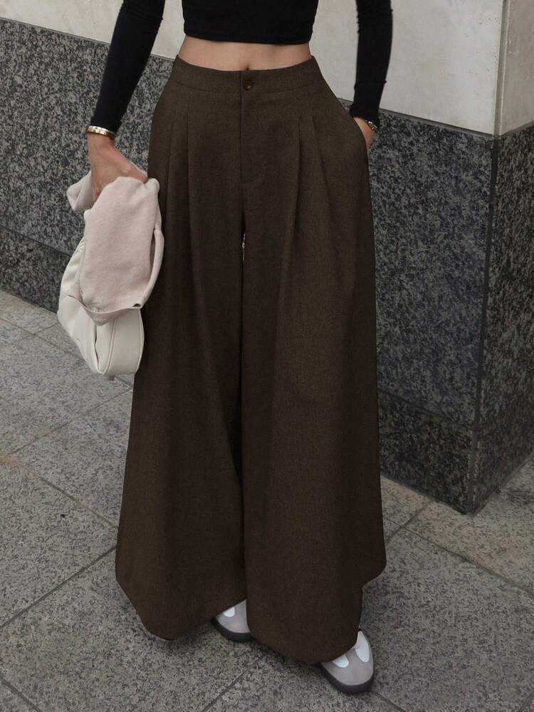 Women's Loose Fit Wide Leg Pants With Pockets And Elastic Waistband, Solid Color