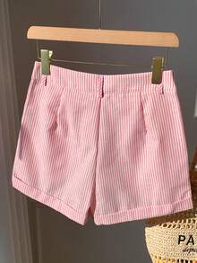 Comfortcana 女式褶皱卷边宽松休闲百搭条纹短裤 - 淺粉色 - 查看 2