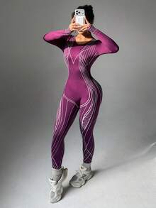 Dewbera 女士条纹露背长袖连体裤，适合日常健身和锻炼 - 紫色 - 查看 3