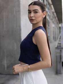 Andrea Bello Women Navy Casual Sweater Vest In Fall/Winter - Navy Blue - View 6