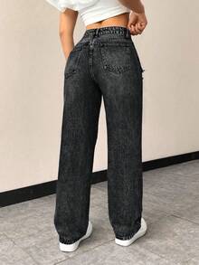 EMERY ROSE Women's High Waist Pocketed Casual Fitted Distressed Straight Leg Jeans - Black - View 2