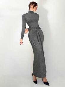Aloruh Women's Fashionable High Neck Fitted Dress For Commuting - Dark Grey - View 4