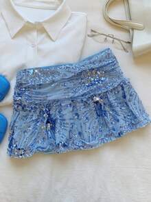 Comfortcana Fashionable Blue Sequin Low Waist Mini Skirt, Summer  Rhinestone Shorts