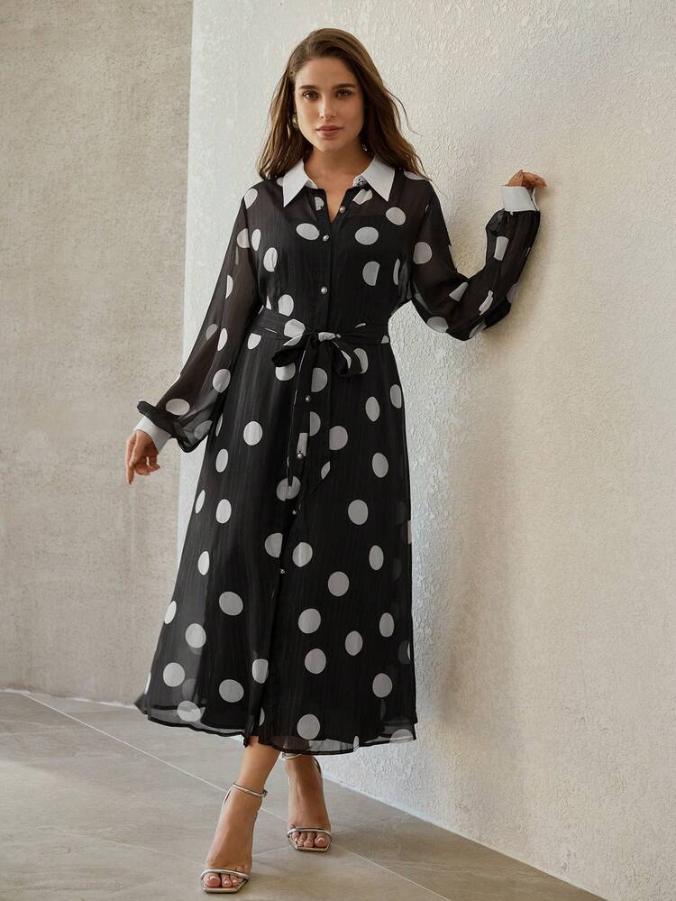 PLUS SIZE POLKA DOT LIGHTWEIGHT SEMI-SHEER DRESS WITH SHIRT COLLAR, SPRING/SUMMER