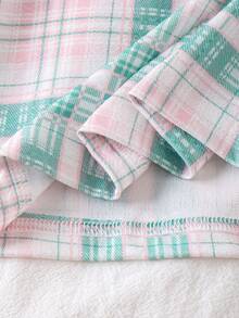 Elladie kids Tween Girls Sweet, Cute, Elegant, Academic Style Green & Pink Plaid Puff Sleeve Top Paired With Skirt Casual Minimalist T-Shirt Set