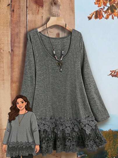 Rusticease 大码女式灰色圆领长袖撞色蕾丝下摆乡村风T恤，秋季女装