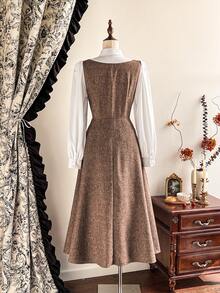 Vintamour 复古经典优雅女士连衣裙，秋冬修身撞色连衣裙，衬衫领荷叶边条纹长袖连衣裙，棕色连衣裙 - 棕色 - 查看 2