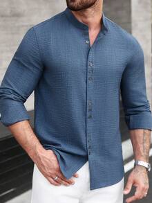 Manfinity CasualCool 男士立领单排扣休闲百搭通勤长袖衬衫 男士亚麻衬衫 男士纹理衬衫 蓝色衬衫 男士休闲衬衫 蓝色设计师衬衫 - 藍色 - 查看 1