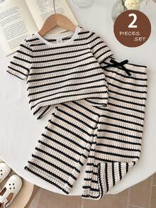 LMoss Kids 2件套女婴针织条纹休闲T恤和打底裤套装