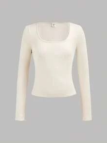 Girlism 4 piezas Camisetas de manga larga de cuello redondo de punto ajustado de un solo color para niñas preadolescentes, versátiles camisetas interiores para otoño/invierno - Caqui - Ver 5