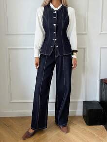 Livesso 女士休闲牛仔背心上衣和裤子套装，秋冬季 - 深色水洗藍 - 查看 7