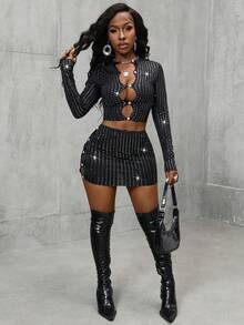 Glyssa Women's Fashionable Sexy Sequin Hollow-Out Cropped Top And Mini Skirt 2 Pieces Set - Black - View 7