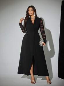 Viva Relle Plus Size Women Elegant Romantic Sexy Lace Backless Blazer Collar Fitted Split Dress, Suitable For Party And Valentine's Day - Black - View 7