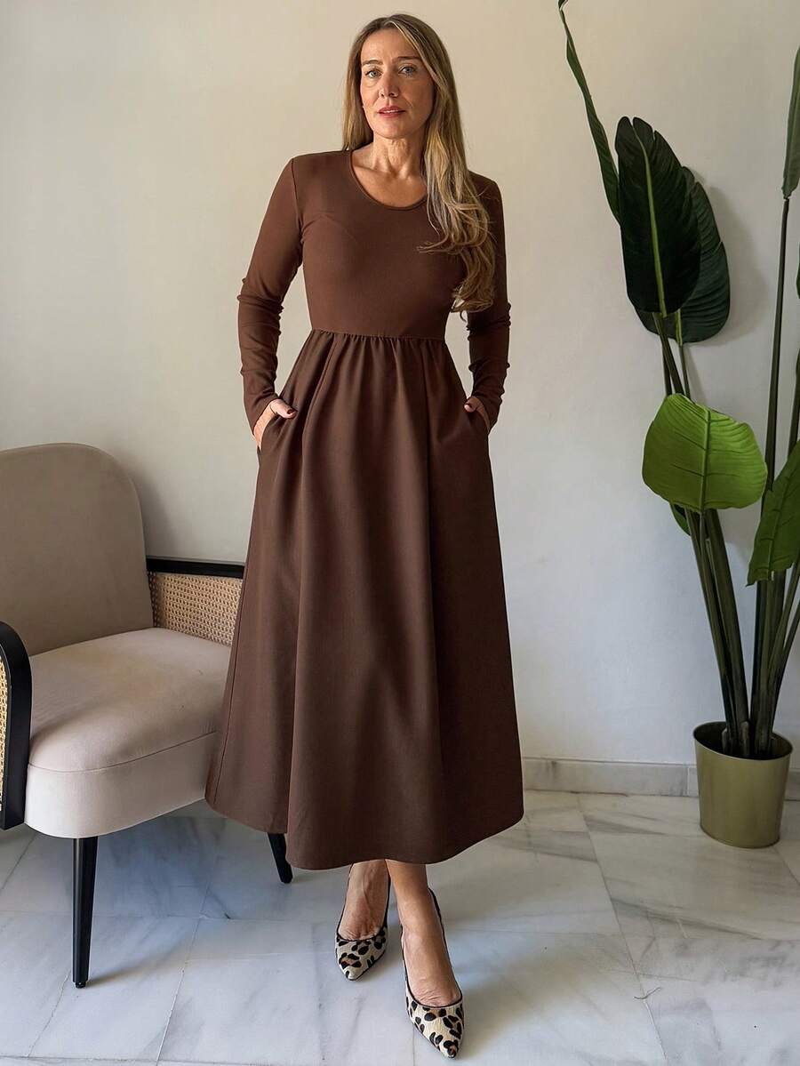 Vivie Lora Women's V-Neck Waist Cinched A-Line Midi Dress, Elegant And Flattering