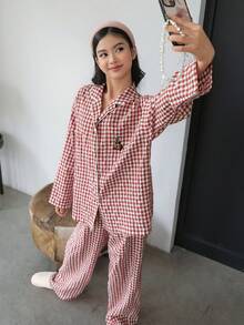 DAZY 青少年/少女（女童）休闲格子家居服套装，宽松舒适卡通图案直筒裤，秋季款 - 紅白色 - 查看 2
