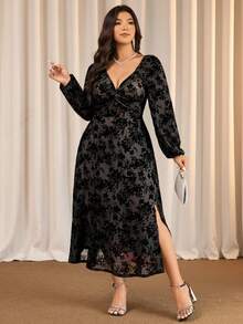 Elaquor 加大码优雅时尚 V 领扭结中长款植绒紧身连衣裙，适合正式活动和派对季节，秋冬季 - 黑色 - 查看 2