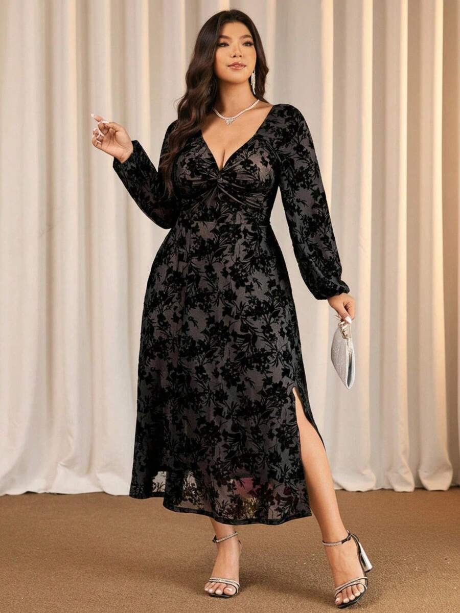 Elaquor 加大码优雅时尚 V 领扭结中长款植绒紧身连衣裙，适合正式活动和派对季节，秋冬季