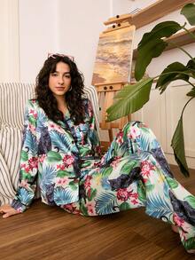 Chillnights Conjunto de pijama de mujer con cárdigan de solapa con estampado de leopardo y hojas florales - Verde - Ver 2