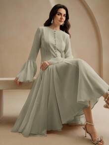 Anewsta 优雅乳白色长袖喇叭连衣裙，带纽扣喇叭袖 - 淡綠 - 查看 7