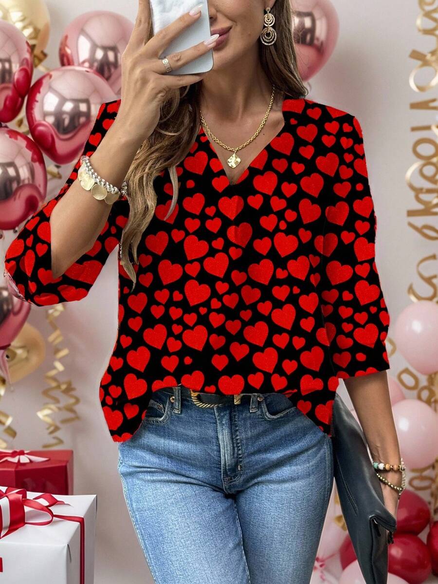 EMERY ROSE 1pc Women Plus Size Black And Red Heart Print V-Neck Long Sleeve Casual T-Shirt,Cute Autumn Blouses,New Year Party Valentine's Day Queen Of Hearts - Multicolor - View 1