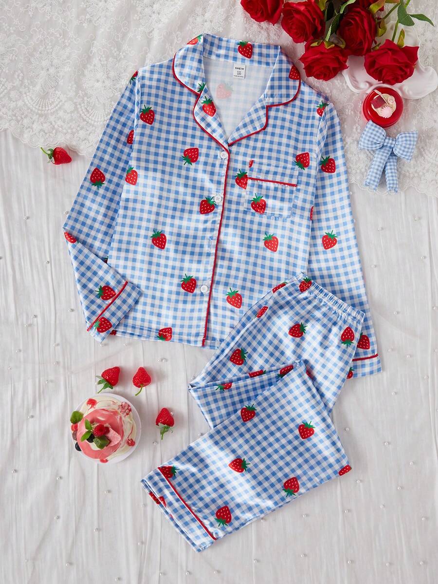 Girls Strawberry Plaid Print Faux Silk Pajama Set Strawberry Pajama Set Gingham Pajama Set - Baby Blue - View 1