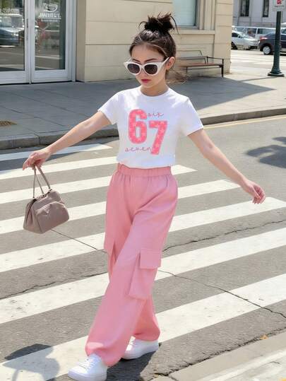 Elladie kids 两件套少女休闲樱桃印花圆领短袖上衣和工装裤，运动风