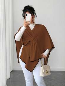 Elenzga Poncho de suéter de corte holgado y elegante para mujer de talla grande, adecuado para ropa de abrigo de otoño/invierno - Café integral - Ver 3
