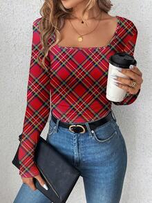 SHEIN LUNE Áo thun nữ tay dài cổ chữ U họa tiết kẻ caro đỏ đen ấm áp, thanh lịch, thoải mái, phù hợp cho mùa thu/đông, dễ mặc khi đi làm - Nhiều màu - Xem 3