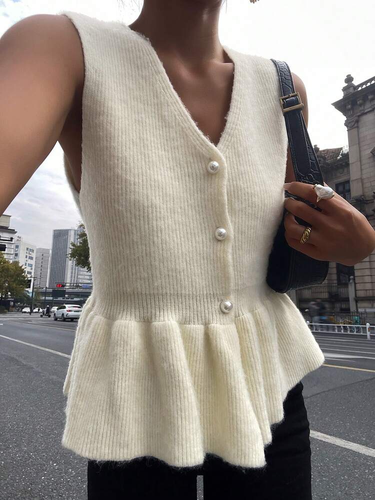 Women's V-Neck Sleeveless Ruffle Hem Fitted Knit Top, Autumn/Winter