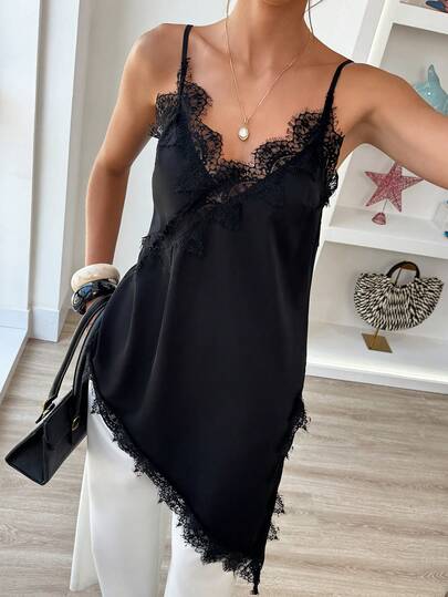 Louniche Canotta casual urbana da donna con scollo a V, orlo asimmetrico, patch e colore unito