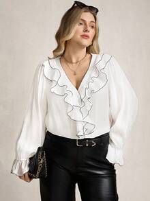 SHEIN LUNE Plus Size Women Contrast Color Ruffle Hem Long Sleeve Fashion Blouse White Top For New Year's Eve Spring Women Spring Breaks - White - View 5