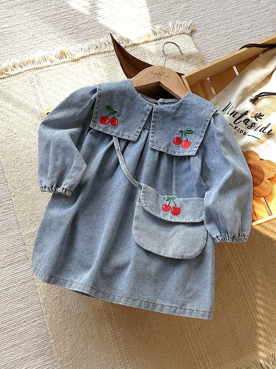 Vintaside Kids 女婴春秋刺绣翻领长袖时尚休闲水洗牛仔连衣裙，适合温和天气，实用时尚的设计，适合凉爽月份的日常穿着 - 藍色 - 查看 1