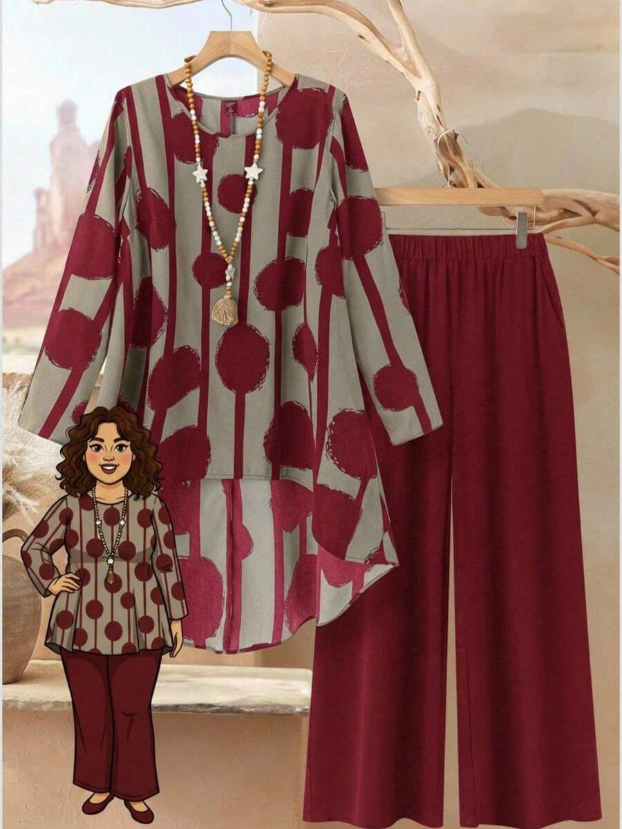 Rusticease Plus Size Women 2pcs Set Geometric Print Round Neck Long Sleeve Asymmetric Hem Top And Pants, Casual, Winter Set,Suitable For Early Autumn,Going Out Outfits,Western Outfits ,Women Vacation Outfits