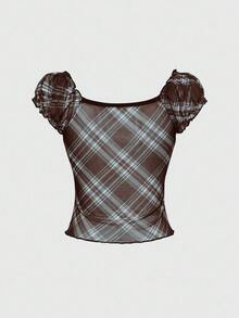 ROMWE J-Fashion Camiseta de moda con cuello de encaje en contraste, mangas cortas raglán y estampado de cuadros para mujer, estilo Y2K - Multicolor - Ver 2