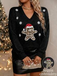 EMERY ROSE Suéter plus size de cor sólida com decote em V e bordado de boneco de neve natalino com lantejoulas. Suéter de tricô casual e elegante para o Natal, volta às aulas, férias, escritório e outono/inverno.