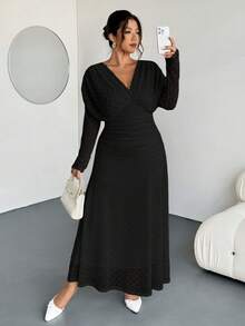 Firerie Đầm xòe dài tay cổ chữ V, eo nhún bèo, chất liệu vải dệt thanh lịch dành cho nữ cỡ lớn, kiểu dáng thoải mái và dễ chịu cho kỳ nghỉ, mùa thu/đông. - màu đen - Xem 5