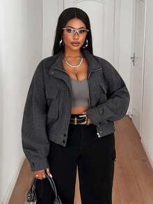 Maweii Plus Size Women's Casual Stand Collar Loose Retro Versatile Long Sleeve Zipper Pocket Jacket Coat, Suitable For Outings And Commuting - Dark Grey - View 2