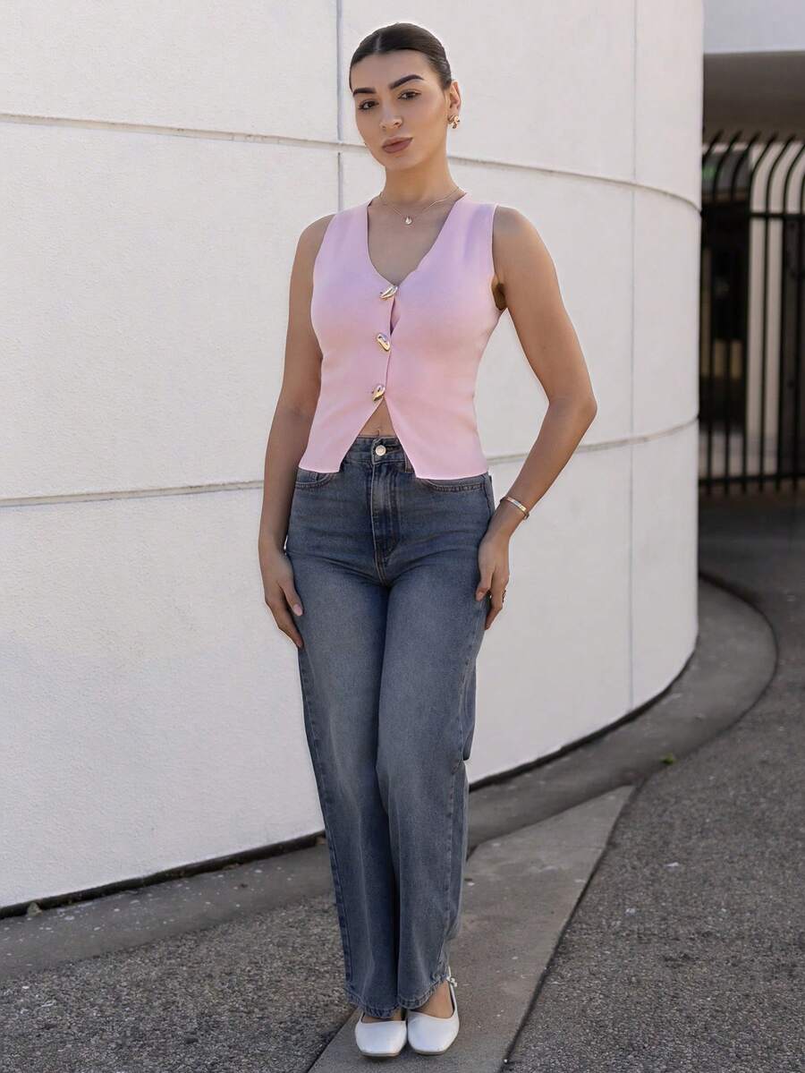 Andrea Bello Women Fashionable High Waist Simple Design Straight Wide-Leg Denim Jeans - Dark Wash - View 1