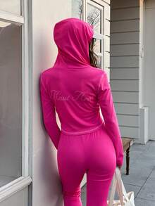 女士字母印花拉链连帽衫和喇叭裤睡衣套装 - 粉色 - 查看 1