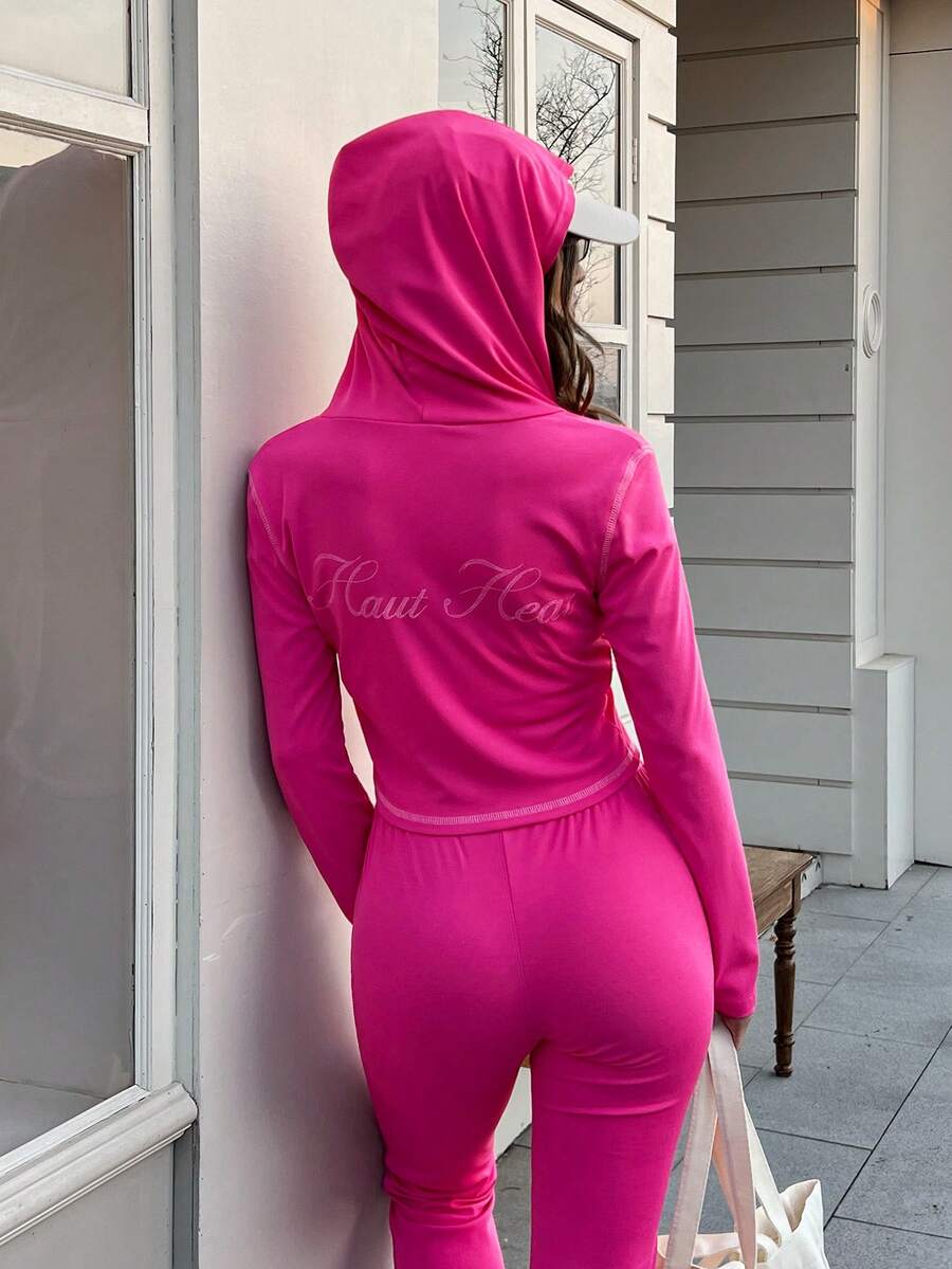 女士字母印花拉链连帽衫和喇叭裤睡衣套装 - 粉色 - 查看 1