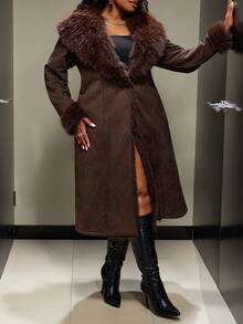 Truni Plus Size Women Solid Color Long Sleeve Faux Fur Long Jacket, For Pear Triangle Body Shape/Winter