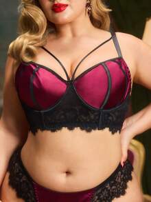 PinupPomp Plus Size Sexy Lingerie Set, Black Lace & Wine Red Satin Patchwork With Underwire, Retro Palace Style - Black - View 5