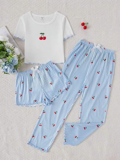 Tween Girls Pajamas-3 Piece Pajama Set Cherry Print Pajama Set White Round Neck Short Sleeve Top With Scallop Trim Blue Stripe Long Pants And Shorts Elastic Waist Comfortable Lightweight All Season Sleepwear Lounge Holiday 2026 Essential Summer
