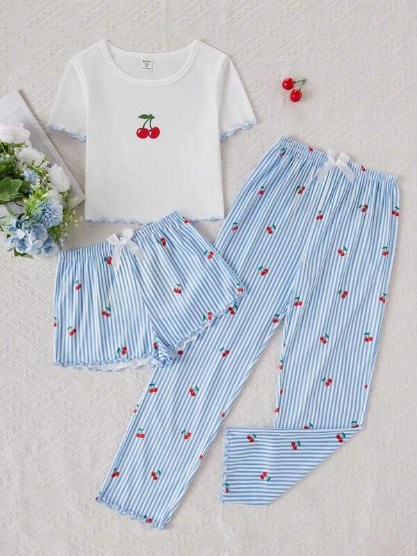 Tween Girls Pajamas-3 Piece Pajama Set Cherry Print Pajama Set White Round Neck Short Sleeve Top With Scallop Trim Blue Stripe Long Pants And Shorts Elastic Waist Comfortable Lightweight All Season Sleepwear Lounge Holiday 2026 Essential Summer