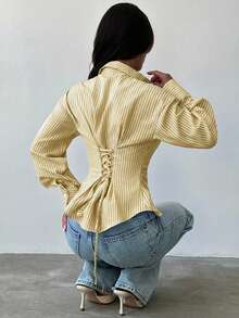 Firerie Women's Blue And White Striped Long Sleeve Shirt, Tie-Waist Shirt, Casual Commuter Shirt, Vacation Shirt, Cinched Waist Striped Shirt, Suitable For Spring, Summer, Autumn And Winter, Elegant, Vacation, Bohemian, Work Attire - Yellow - View 7